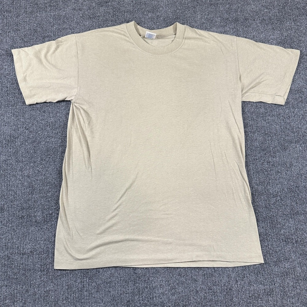 Vintage Duke Shirt Mens Large Beige Blank 50/50 Crewneck Tee Made USA 80s